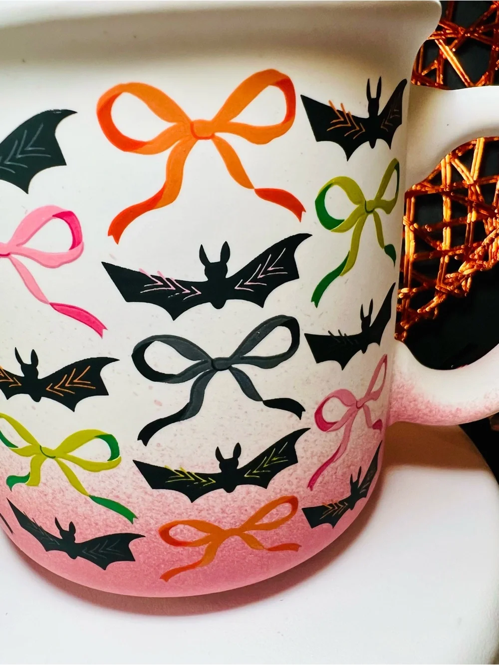Halloween Pink Ombré Mug Ribbon Bows & Black Vampire Bats Stoneware